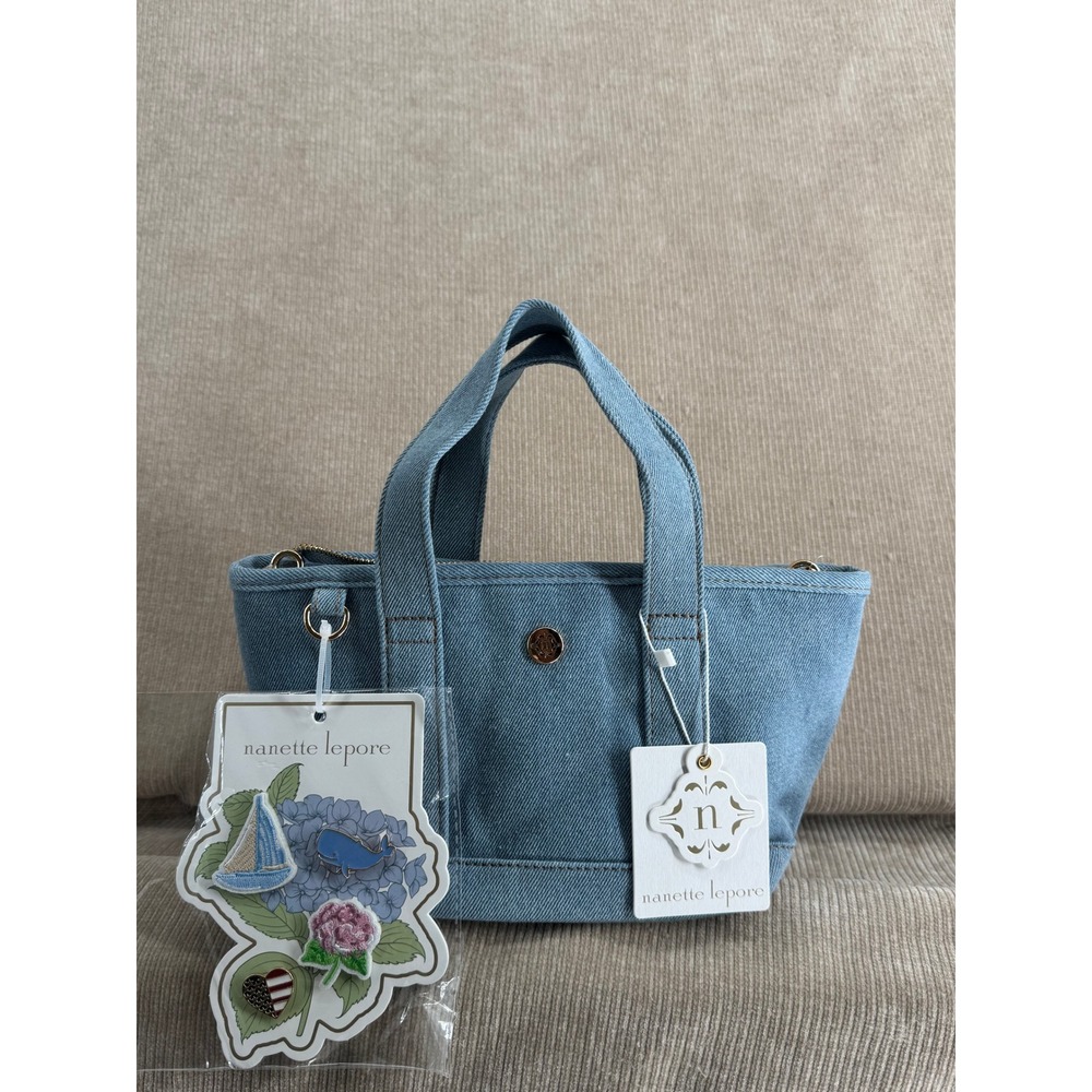 Nanette Lepore Rosina Satchel Blue Denim Mini Tote Bag with Decorative Pins NEW